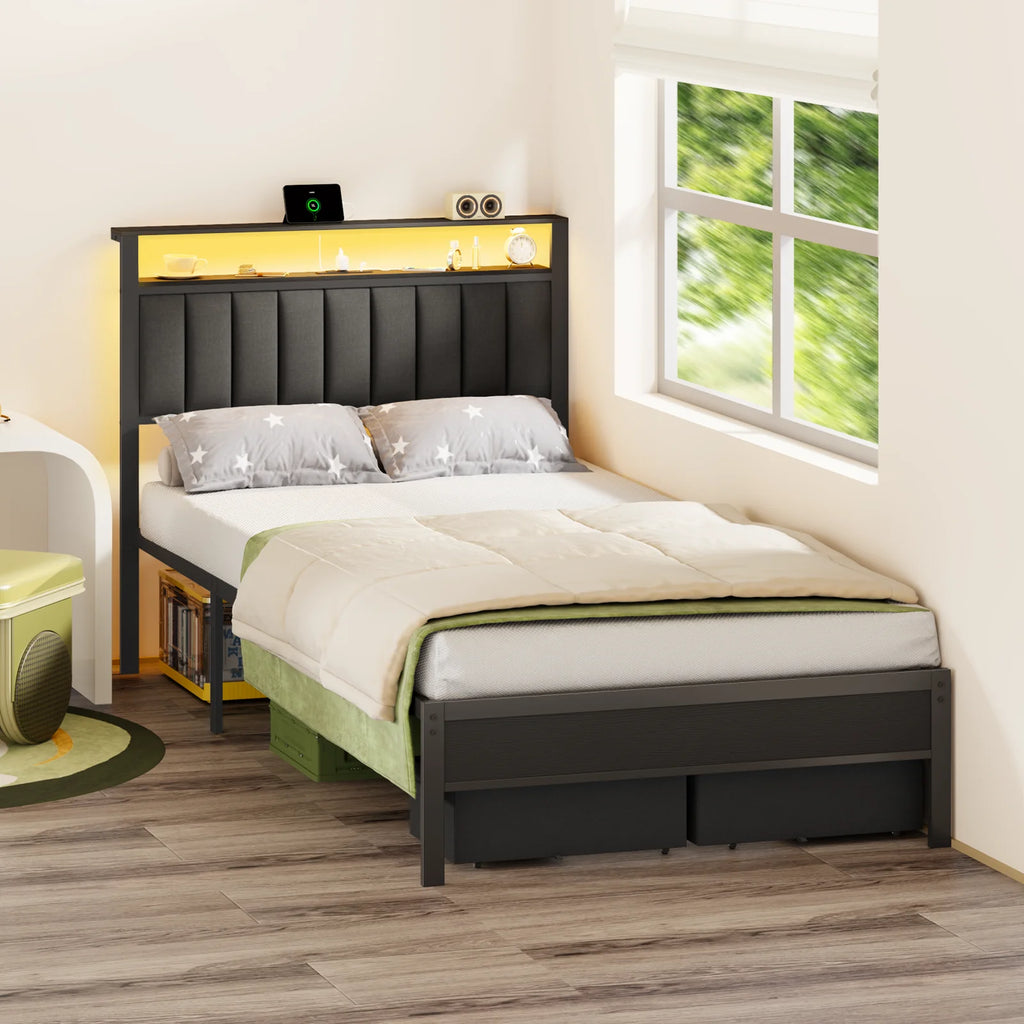 Satifur Full Bed Frames with Charging Station,LED Lights,2 Storage,Grey Upholstered Headboard with Shelves, Metal Platform Bed