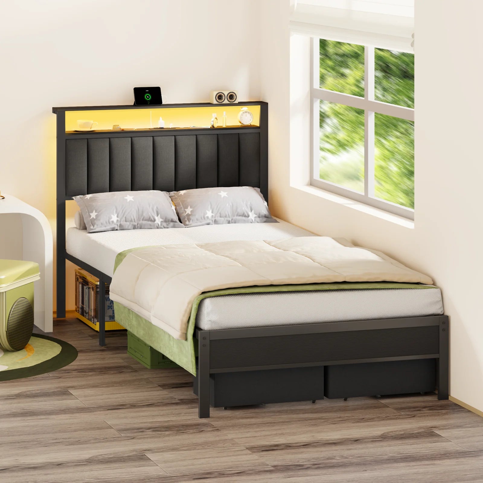 Satifur Full Bed Frames with Charging Station,LED Lights,2 Storage,Grey Upholstered Headboard with Shelves, Metal Platform Bed