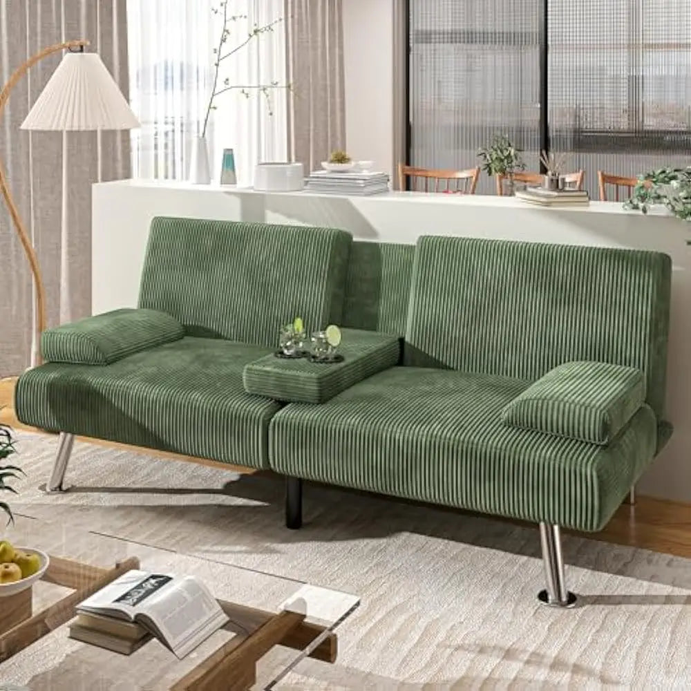 Modern Sofa Bed with Cupholders & Metal Legs