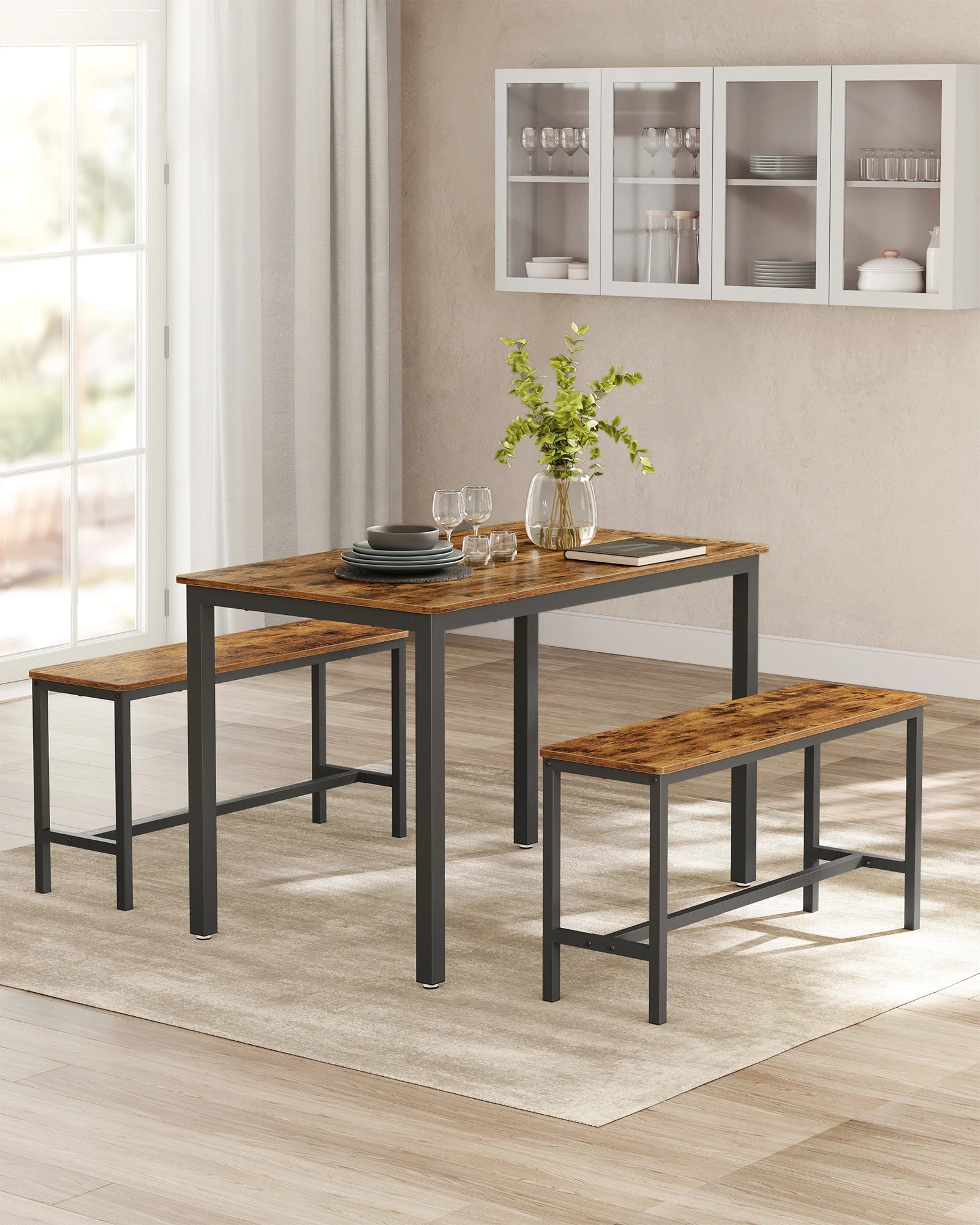 VASAGLE Dining Group, (set, 3 PCs), Kitchen Table 70x110x75 cm, 2 benches each 30x97x50 cm