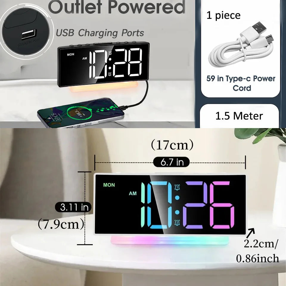 LED Alarm Clock with Colorful RGB Atmosphere Night Light and Output Power Interface to Charge Other Devices. Gift Idea for All