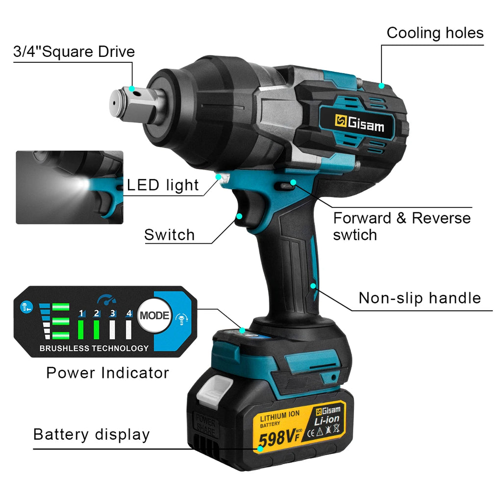 Gisam 3100N.M Torque Brushless Electric Impact Wrench 3/4 inch Cordless Electric Wrench Power Tools for Makita 18V Battery Pin