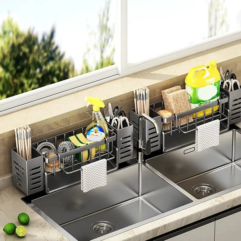 Stainless Steel Kitchen Sink Storage Rack,space Saving,built-in Sponge Rack And Drainage Basket For Kitchen Cleaning And Storage