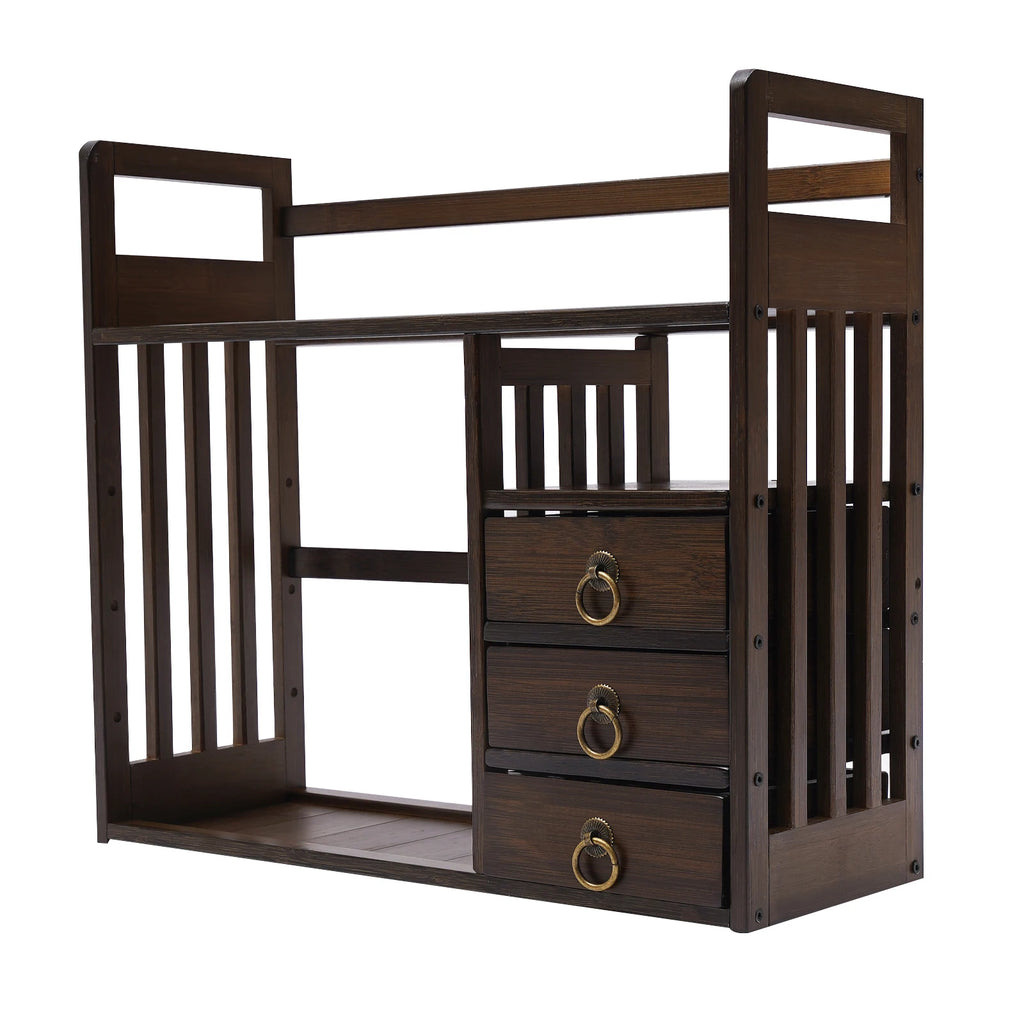 Bamboo Desktop Bookshelf with 3 Drawers, Desktop Storage Cabinet, Office Storage Organizer Student Desktop Multi-Layer Shelf