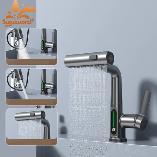 Smart Digital Display Basin Faucet 3 Function Pull Out Waterfall Spout Deck Mount Cold Hot Water Mixer Liftable Sink Crane Tap