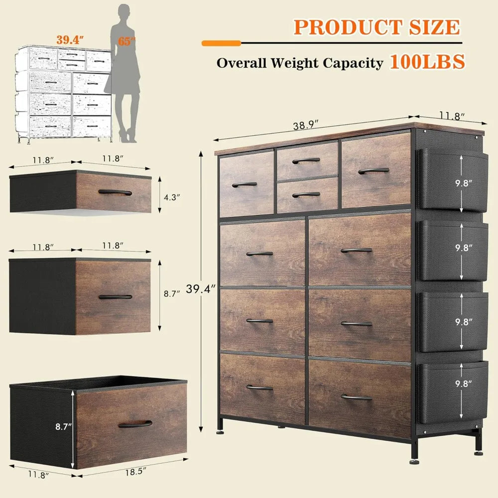 Dresser for Bedroom Chest of Drawers with Side Pockets and Hooks, Fabric Storage Organizer Unit for Living Room, Hallway, Closet