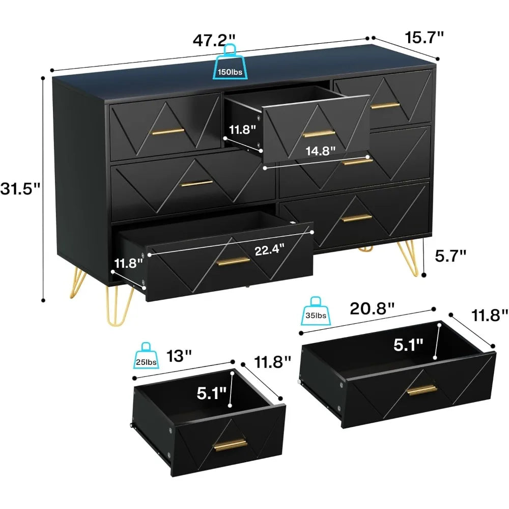 Dresser for Bedroom, 7 Drawer Black Wooden Dresser with Gold Handles, Modern Storage Dressers & Chests of Drawers for Hallway,