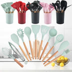 12Pcs Silicone Kitchen Utensils Spatula Shovel Soup Spoon Cooking Tool with Storage Bucket Non-Stick Wood Handle Kitchen Gadgets