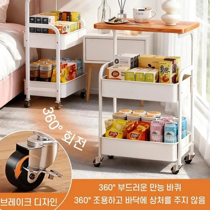Home 3-Tier Kitchen Organizer Shelf with Wooden Top and Wheels Rolling Storage Cart  for Bathroom Living Room