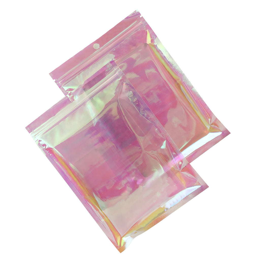 Eco-Friendly Clear Mylar Bag,Holographic Pink Plastic Storage Bag,Reusable Smell Proof Zipper Pouches,Cosmetic Organizer Pouches
