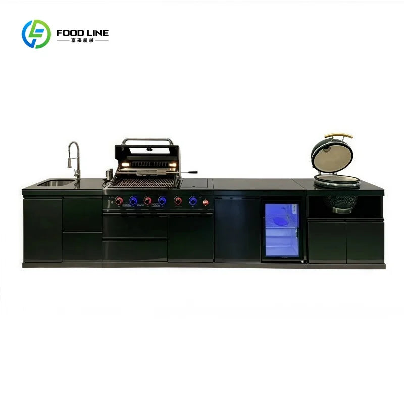 Customized Black Titanium 304 Stainless Steel BBQ Island with Modular Design for Outdoor Kitchen Kamado BBQ Grill Sink Cabinet