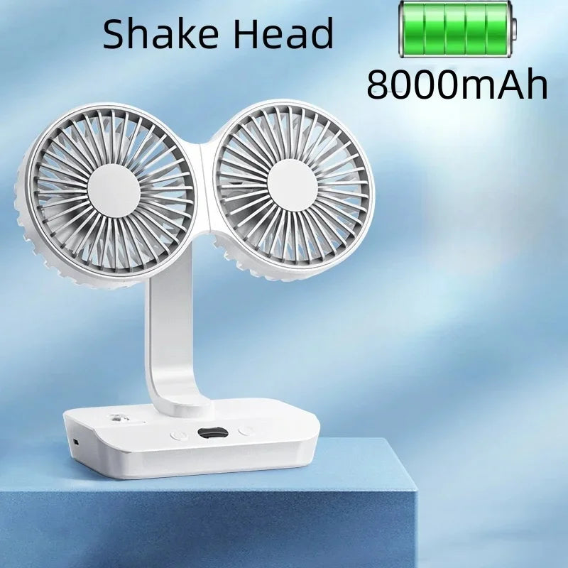 Double Head DesktopFan:4-speed fast cooling, 8000mAhbatterydigital display adjustable directionshakingfunction for household use