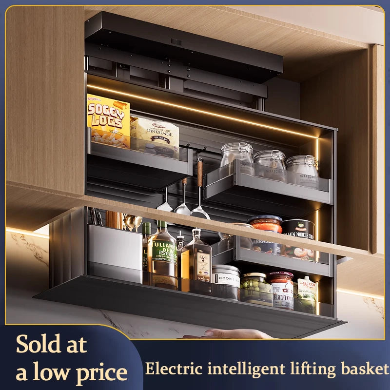 Kitchen Hanging Cabinet Electric Lifting Basket Intelligent Voice Touch Pull-Down Vertical Automatic Lifting Seasoning Basket