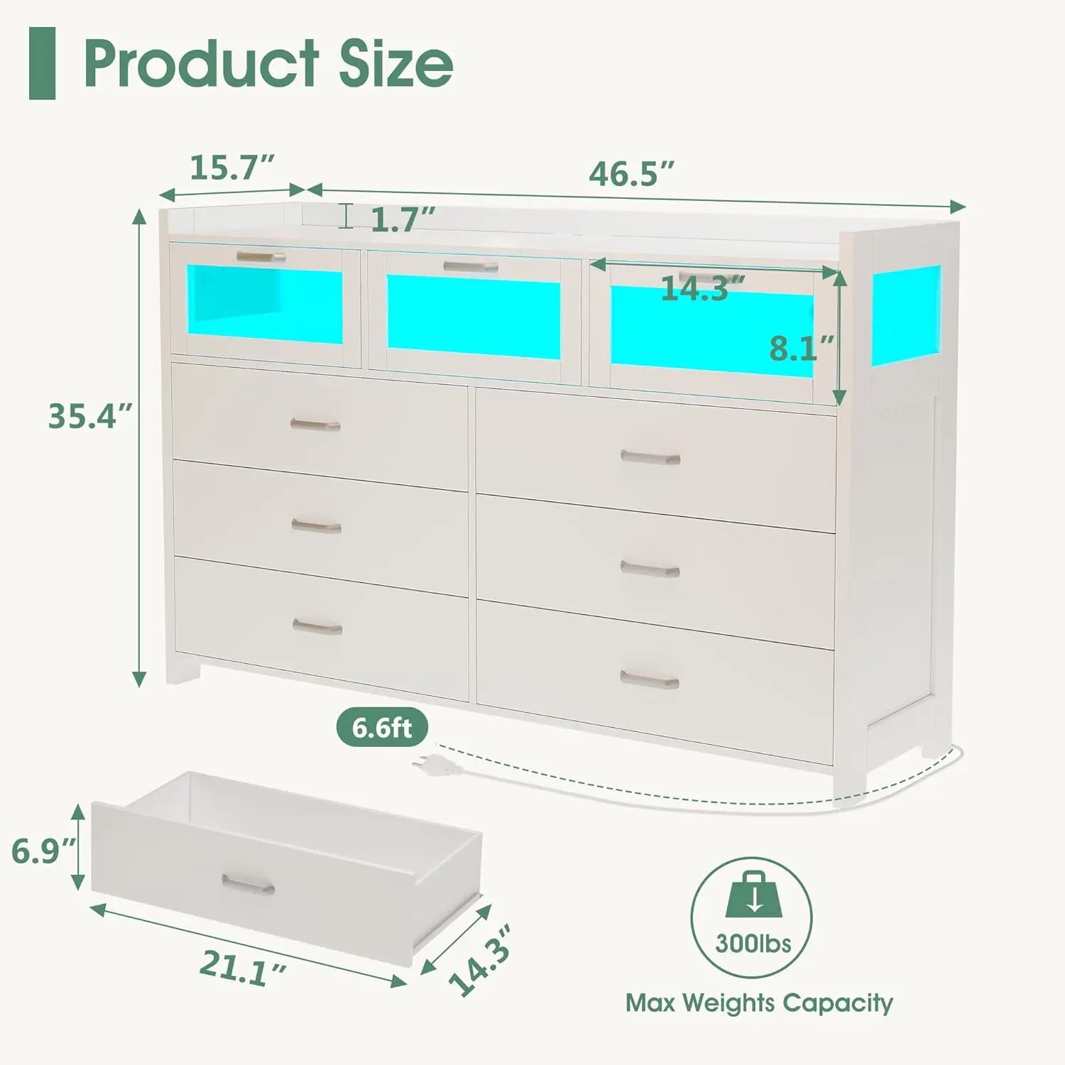 White Dresser for Bedroom, 9 Drawers Dresser with LED Lights and Charging Station, Chest of Dresser for Bedroom.