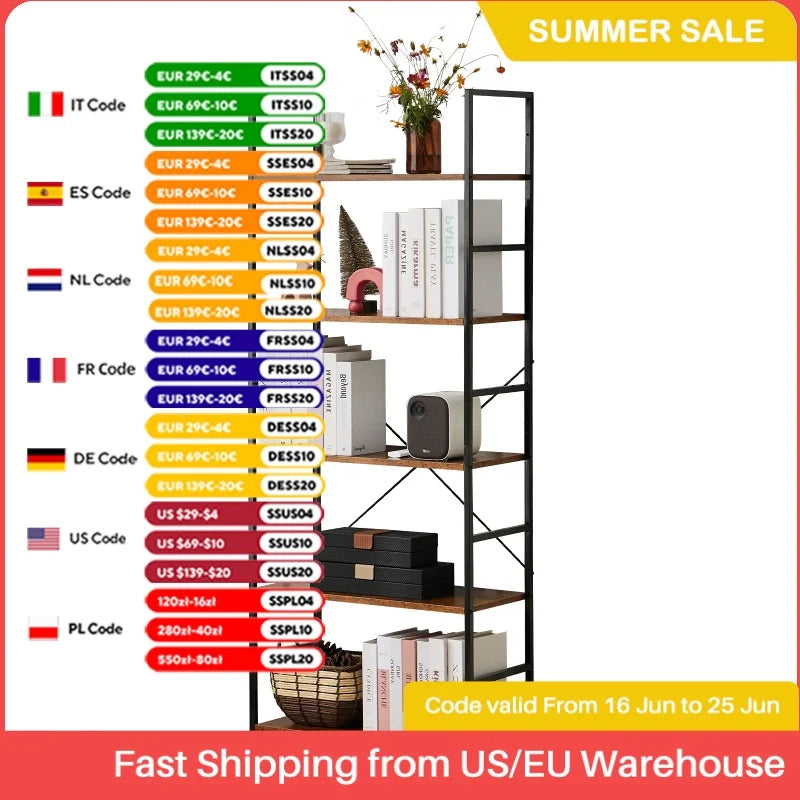 JHK 5 Tier Bookcase Bookshelf Modern Book Case For Books Corner Storage Organizer for Bedroom Home Office Kitchen Living Room