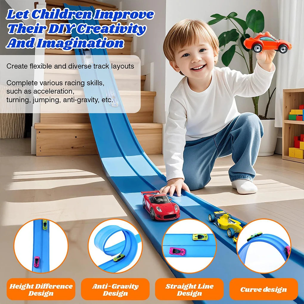 Double-track Race Children Toys DIY Track Racing Car Ramp Compatible 1/64th Cars Portable Rolls Up With suction cup track