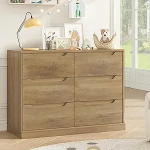 Modern 6 Drawer Dresser for Bedroom, Double Chest of Drawers with Storage, Large Wooden Storage Dresser Organizer with Cut-Out