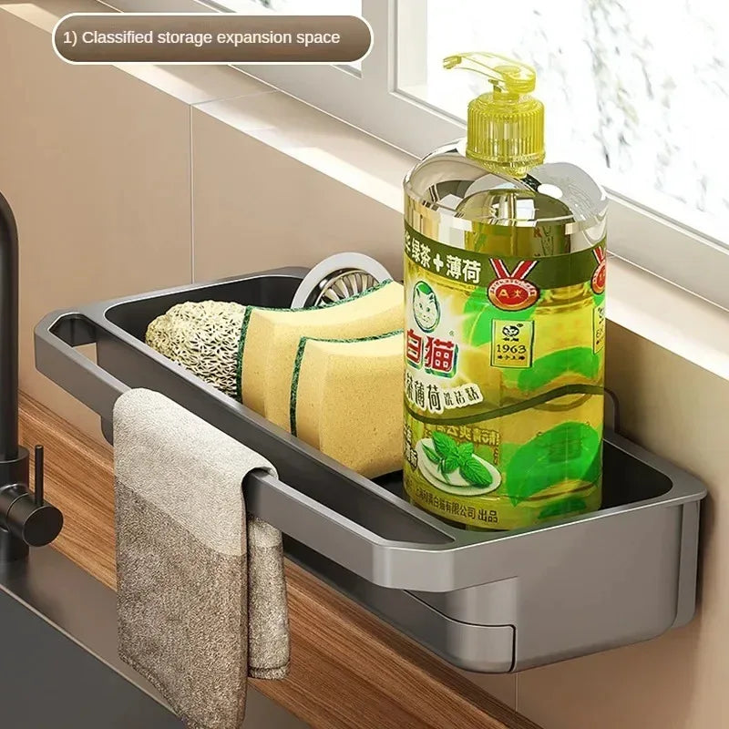 Kitchen Faucet Drain Storage Basket, Sponge Dishcloth Soap Holder, Self-draining Sink Organizer Rack Kitchen Accessories