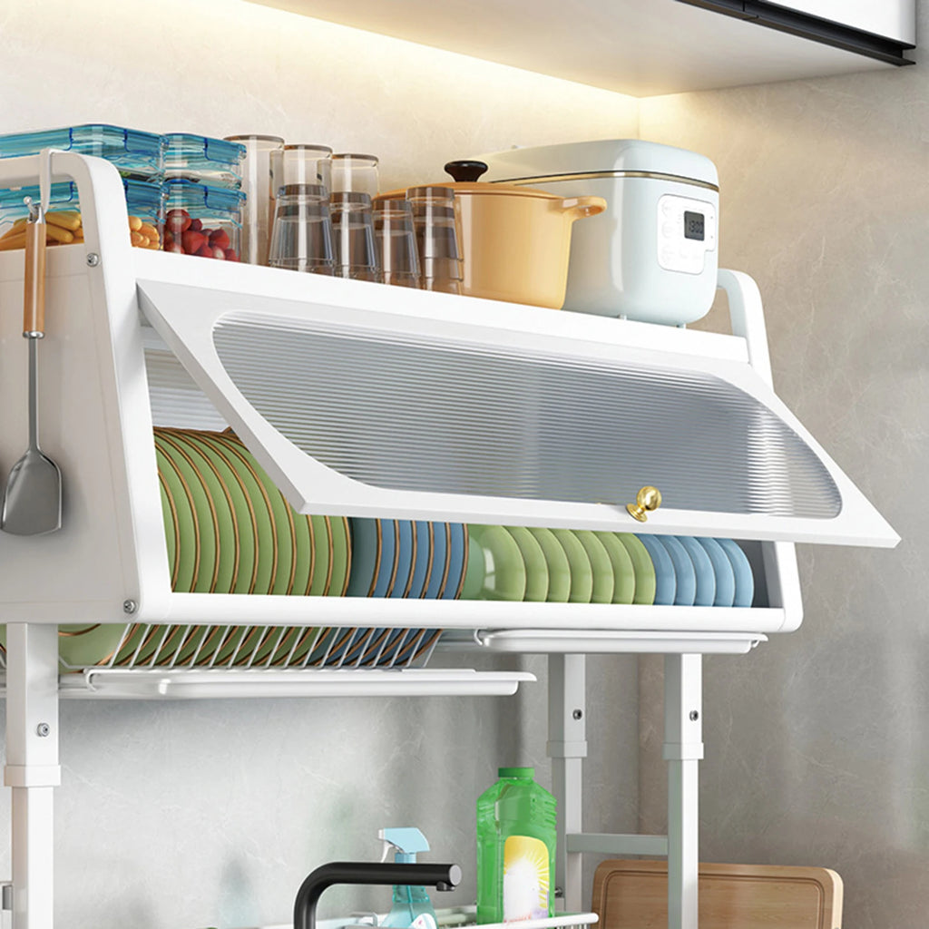 Sink storage rack with cabinet door flip cover, kitchen dish drain rack, storage rack, adjustable dustproof bowl tray