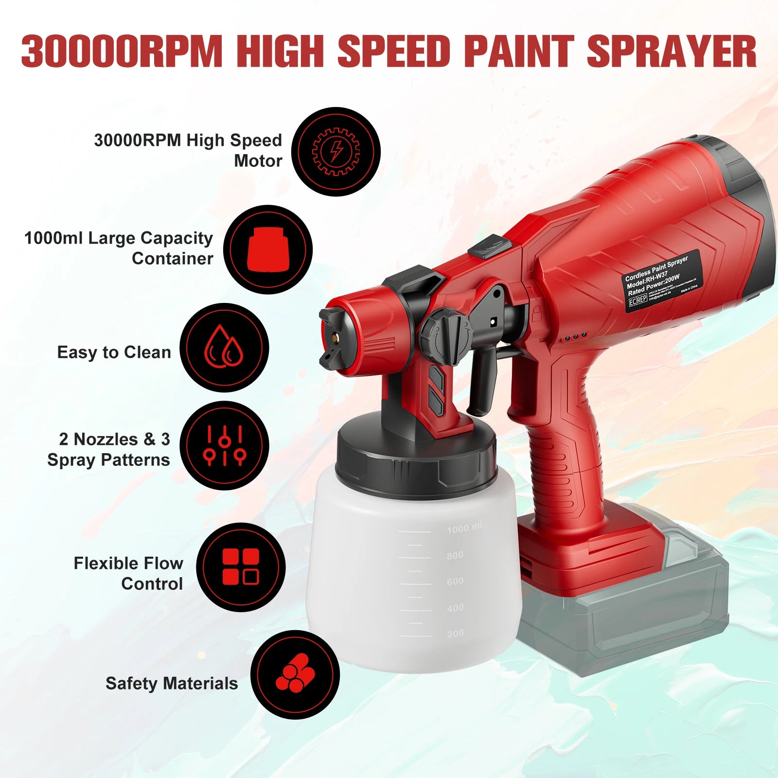 1000ML Cordless Spray Gun For Milwaukee 18V Battery Electric HVLP Rechargeable Paint Sprayer For Car Home Windows Power Tool