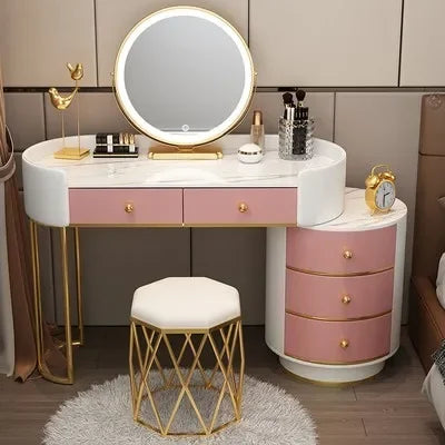 Pink White Vanity Table Women Luxury Nail European Big Stool Study Dressing Table Organizer Mesa De Maquillaje Home Furniture