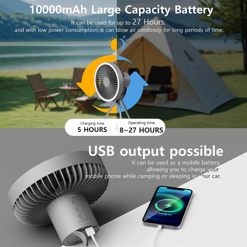 10000mAh Outdoor Camping Ventilator LED Licht Dreibein Tischventilator