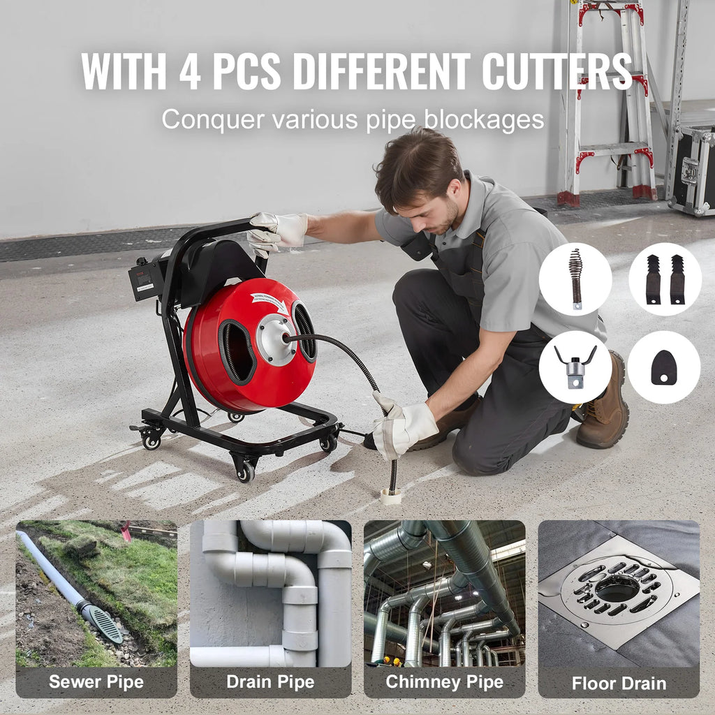 VEVOR Drain Cleaner Machine 50 FT x 1/2 Inch Manual Feed Sewer Snake Auger - with Wheels 4 Cutters & Air-activated Foot Switch