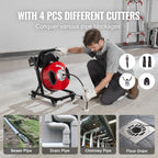 VEVOR Drain Cleaner Machine 50 FT x 1/2 Inch Manual Feed Sewer Snake Auger - with Wheels 4 Cutters & Air-activated Foot Switch