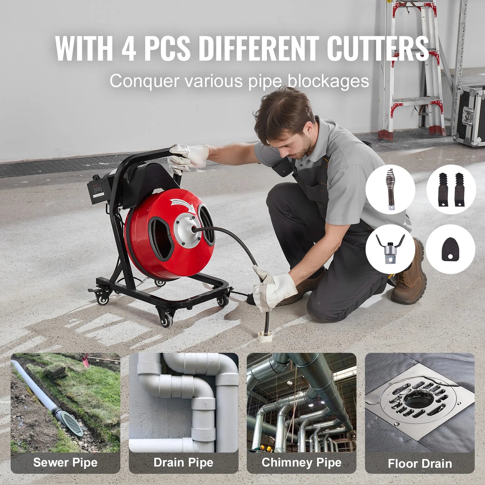 VEVOR Drain Cleaner Machine 50 FT x 1/2 Inch Manual Feed Sewer Snake Auger - with Wheels 4 Cutters & Air-activated Foot Switch