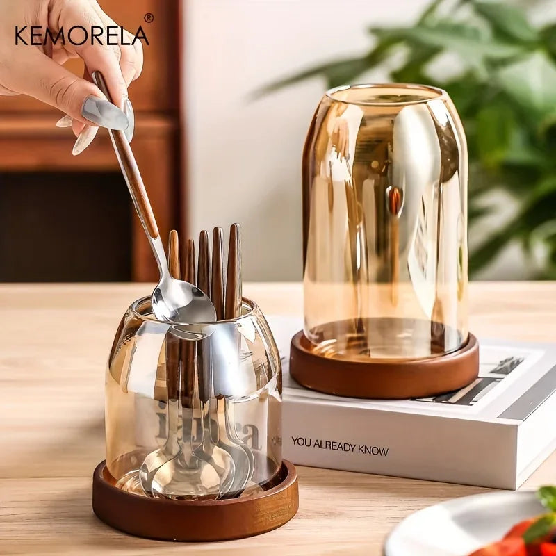 KEMORELA 1PCS Tableware Storage Jar with Tray Chopsticks Organizer Knife Fork Rack Fruit Fork Holder for Kitchen Organization