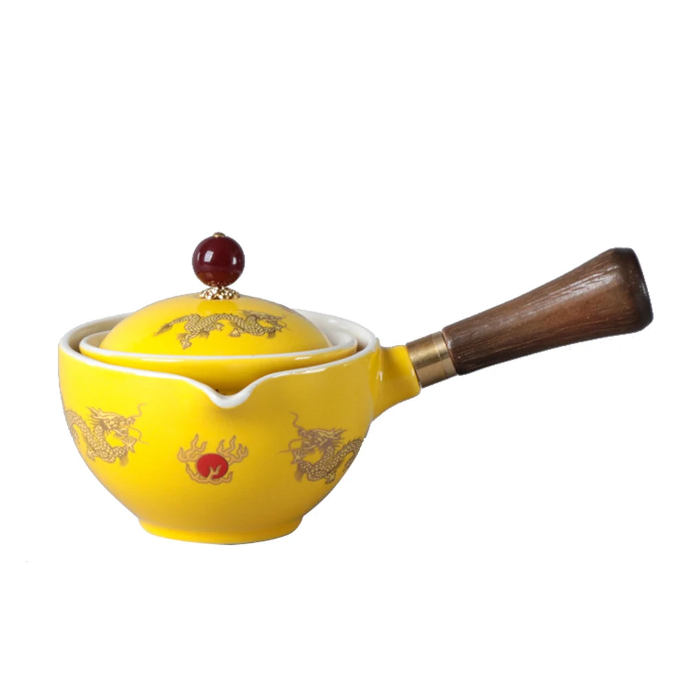 Portable Chinese Gongfu Kung Fu Tea Set 360 Rotating Teapot Ceramic Tea Maker Infuser Wooden Handle Pot Cup for Home Office