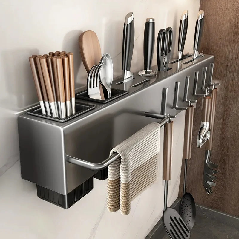 Multifunctional Wall-Mounted Kitchen Storage Rack, Heavy-Duty Carbon Steel Knife Holder, Knife Storage Rack with Hooks, No-Drill Installation, Home and Restaurant Storage for Knives, Cutlery, and Cutting Boards, Space-Saving