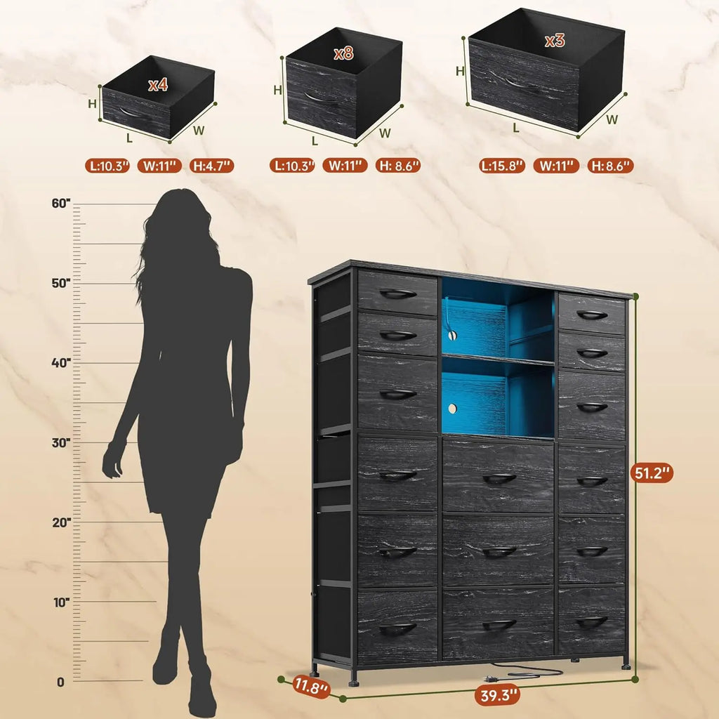 51" H Tall Dresser with 15 Drawers Dresser for Bedroom with Charging Station & LED Lights & Hutch Sturdy Black Bedroom Dressers