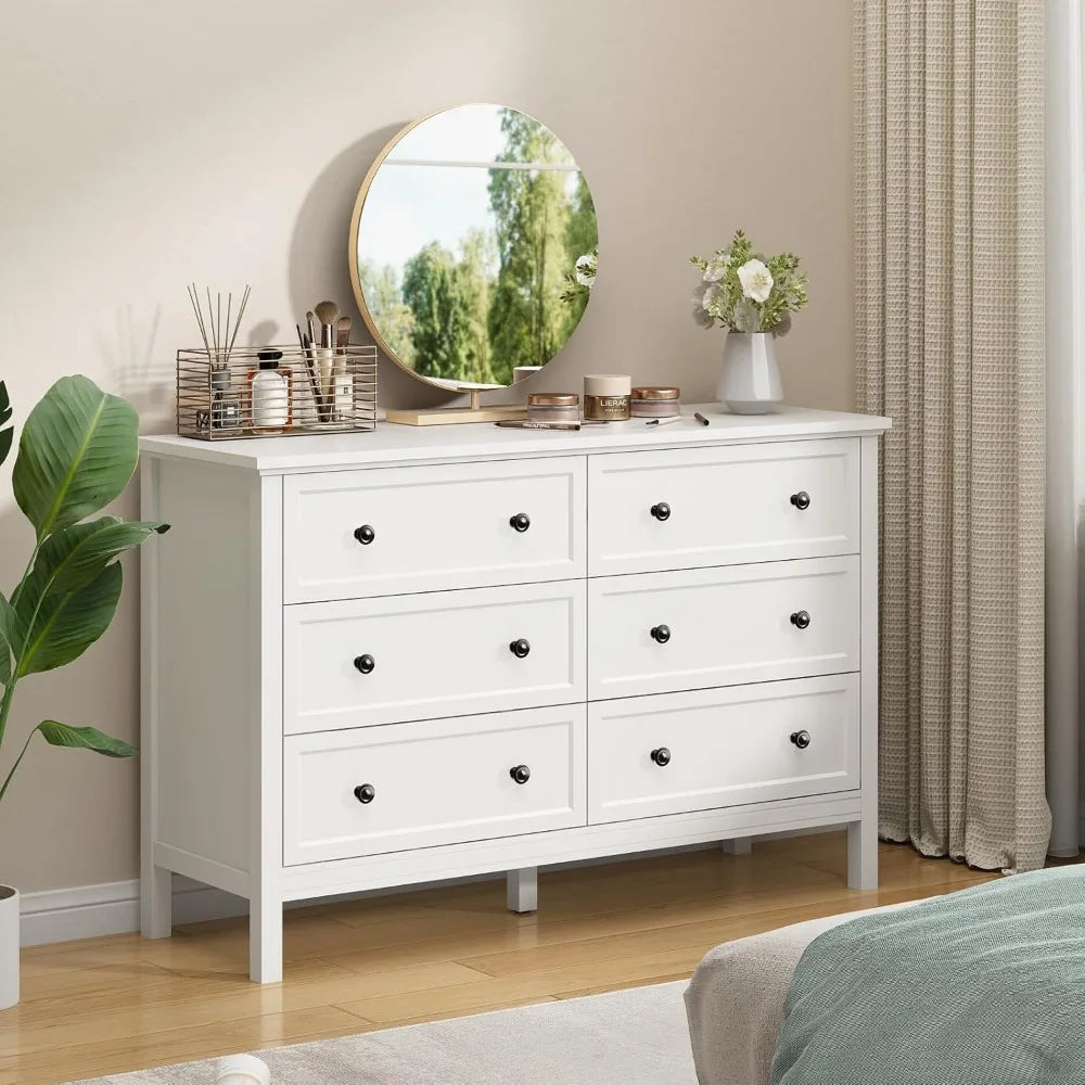 White Dresser for Bedroom, 6 Drawer Dresser with Wide Drawer and Metal Handles, Wood Dressers & Chests of Drawers for Hallway,