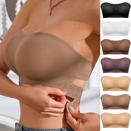 Bra with Side Clasps, Strapless Nylon Knit Fabric, Removable Padding, Crisscross Strap Details | AlluCanFind