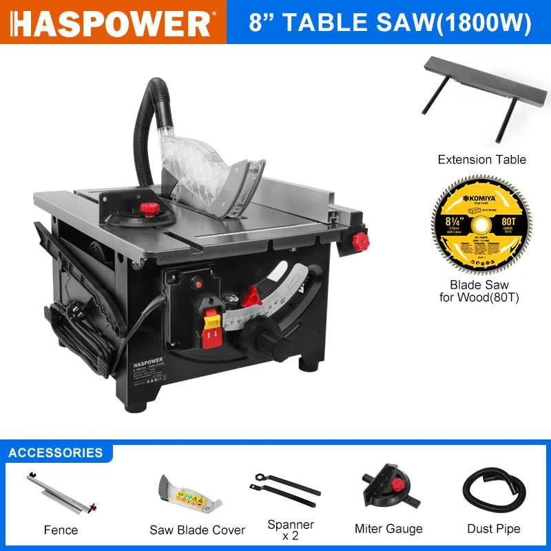 HASPOWER 8 Inch Woodworking Table Saw Portable  Wood Cutting Machine