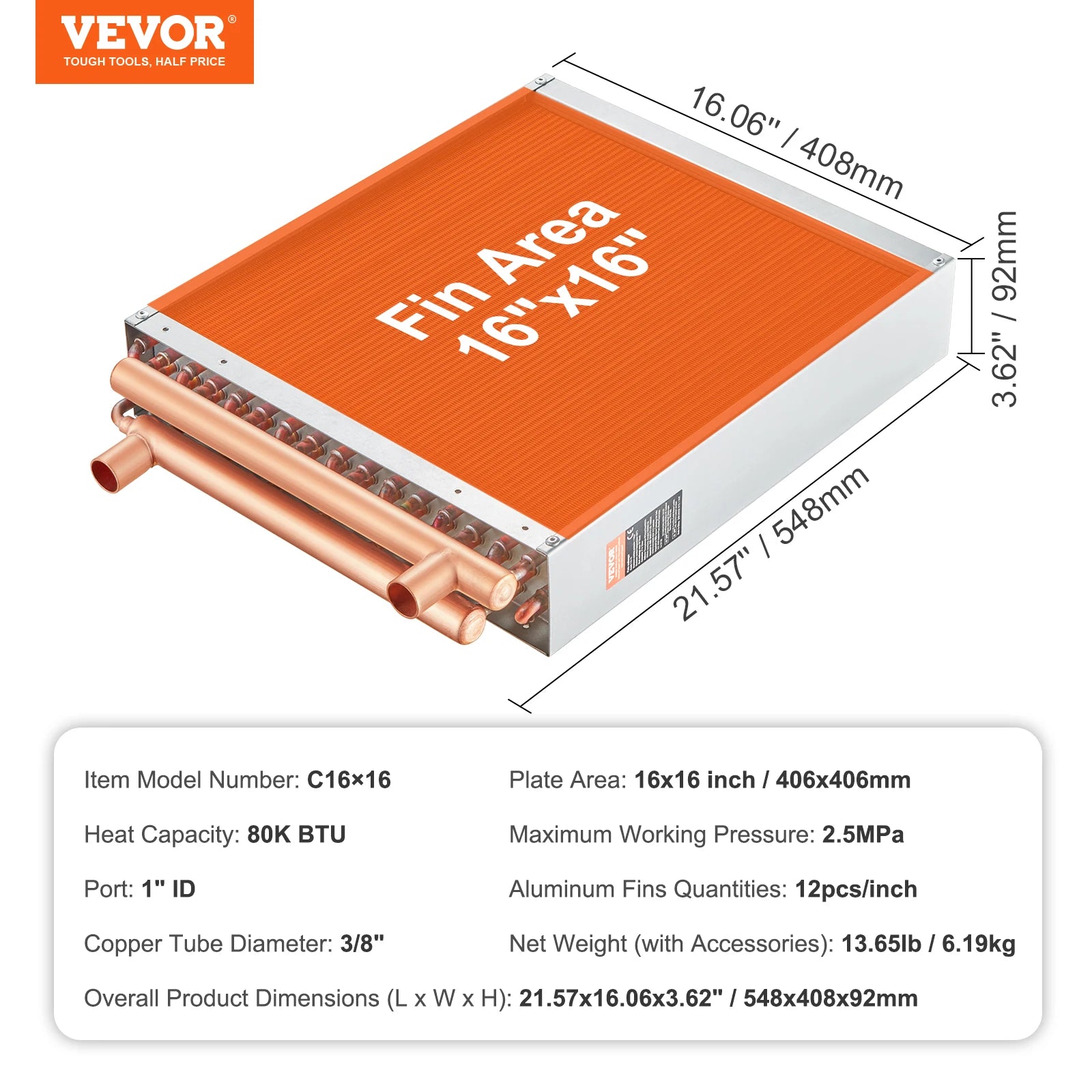 VEVOR Heat Exchanger Water to Air 18"x 20" for Outdoor Wood Furnaces Residential Heating and Cooling and Forced Air Heating