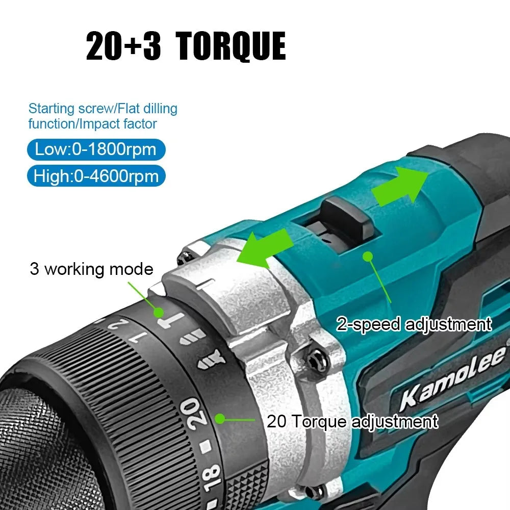 Kamolee 650N.m High Torque Brushless Electric Impact Drill 3-in-1 18V-21V Battery 13mm Handheld Cordless Screwdriver Tool Set