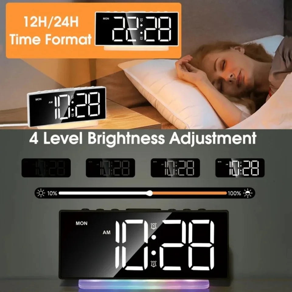 LED Alarm Clock with Colorful RGB Atmosphere Night Light and Output Power Interface to Charge Other Devices. Gift Idea for All