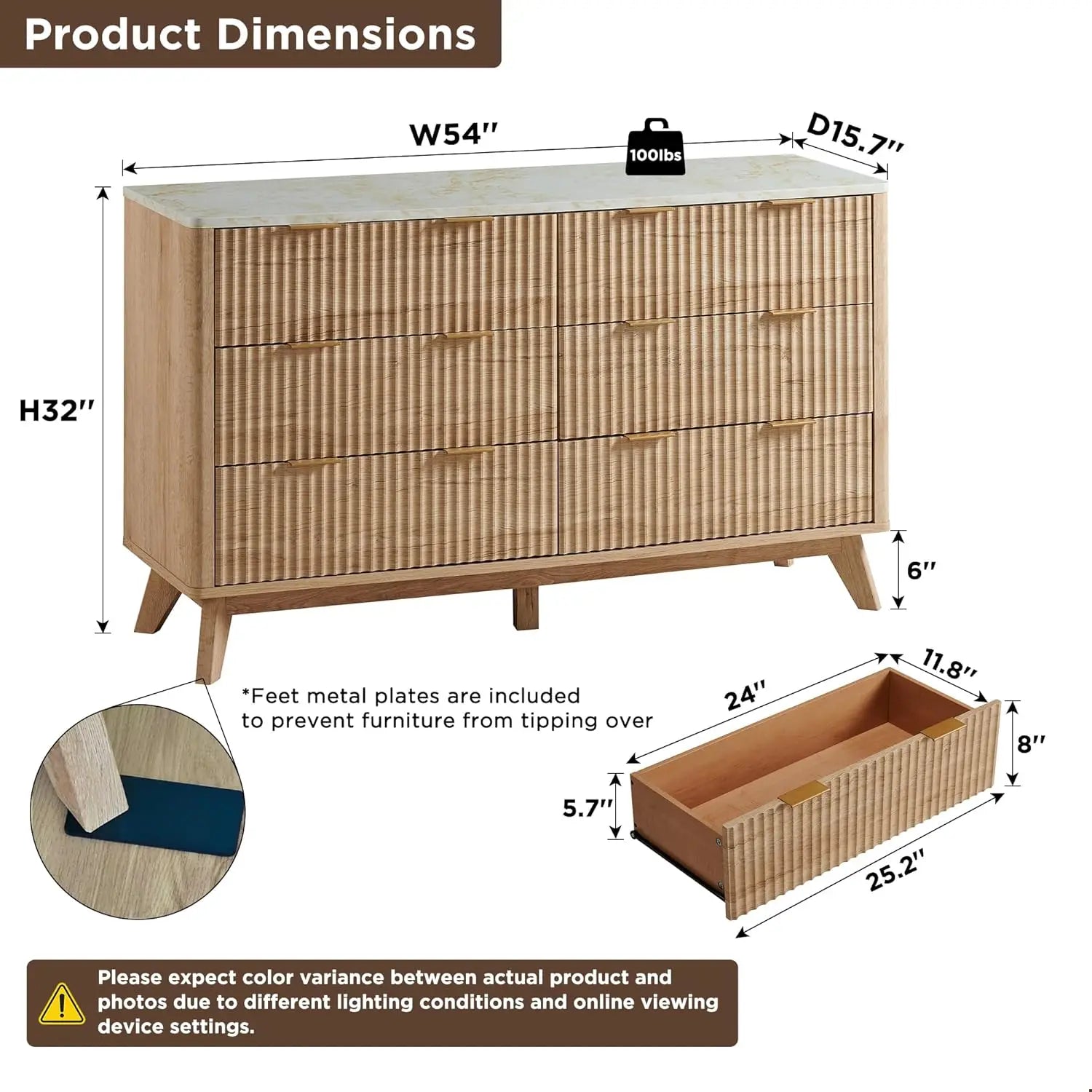 Fluted 6 Drawers Dresser, 54" Wide Modern Chest of Drawers ,Dresser TV Stand,for Bedroom, Living Room, Hallway, Natural Oak
