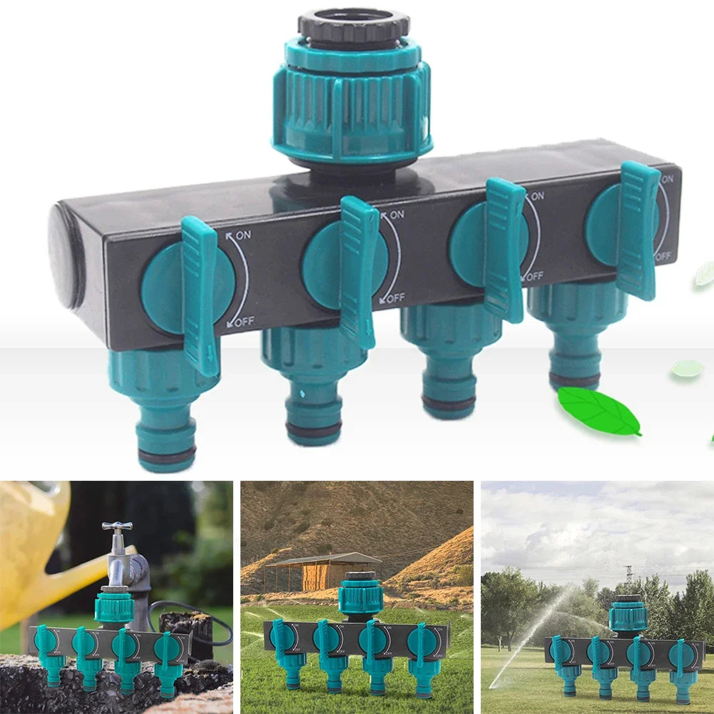 4 Way Hose Connector Splitter Garden Irrigation Water Splitter 3/4" and 1/2" Watering Connector Fittings Valve Water Distributor