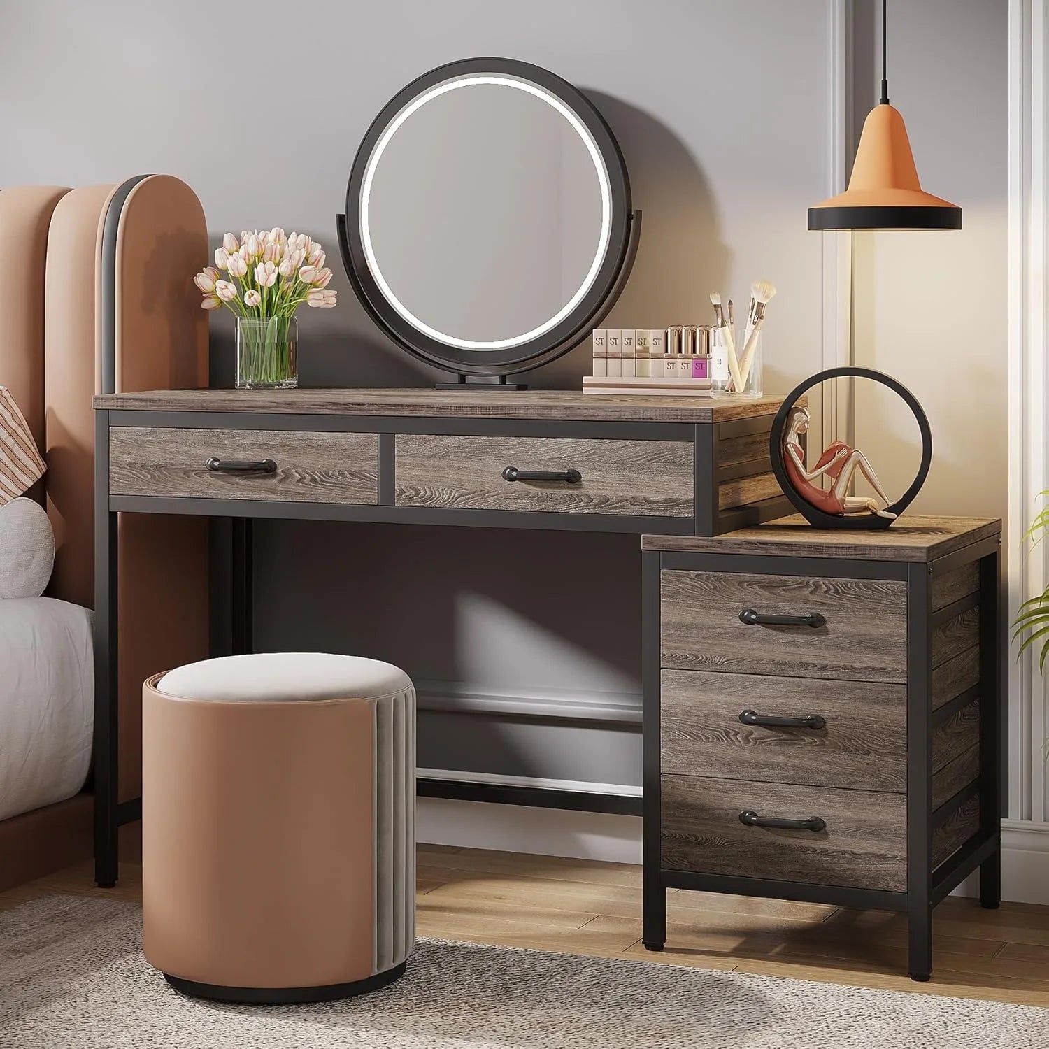 Vanity Desk with 5 Drawers, Makeup Vanity Table Dressing Table with Side 3-Drawer Chest for Women, Girls (Without Mirror)