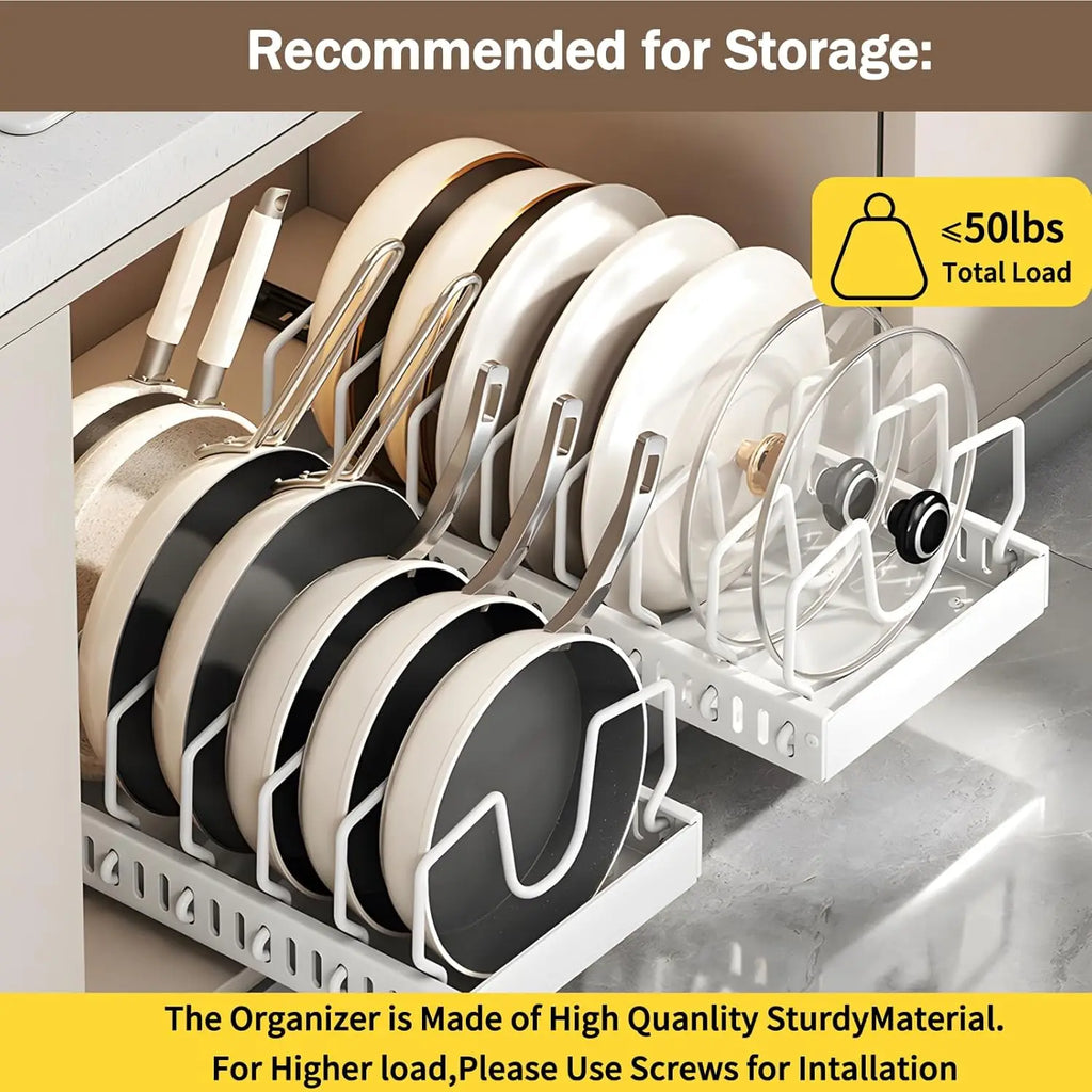 Pull Out Pan Pot Rack Organizer with Adjustable Dividers, Space Saving Under Cabinet Cookware Storage for Pots Pans Lids