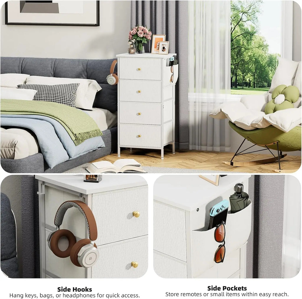 Tall Dresser with 4 Drawers,White Dresser for Bedroom, Tall Storage Tower for Closet,Nursery, Dorm, Dresser Organizer with Frame
