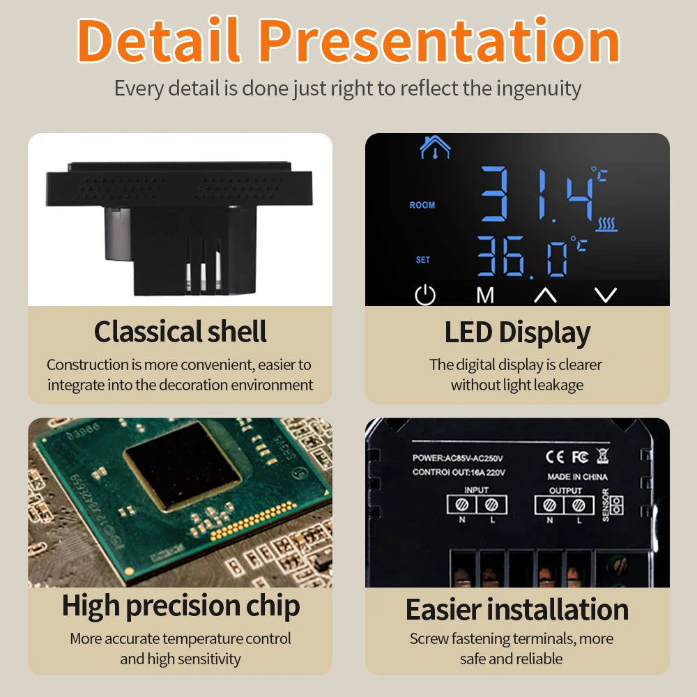 MH1828A Smart Thermostat LED Touch Screen Floor Heating Temperature Controller 85-265V Electric Heating Temp Regulator 16A