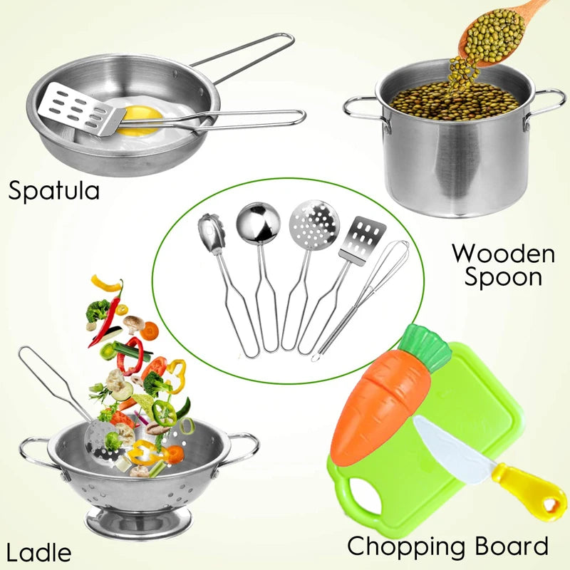 Kitchen Pretend Play Toys with Stainless Steel Cookware Pots and Pans Set, Cooking Kitchen Toys Education Pretend Play