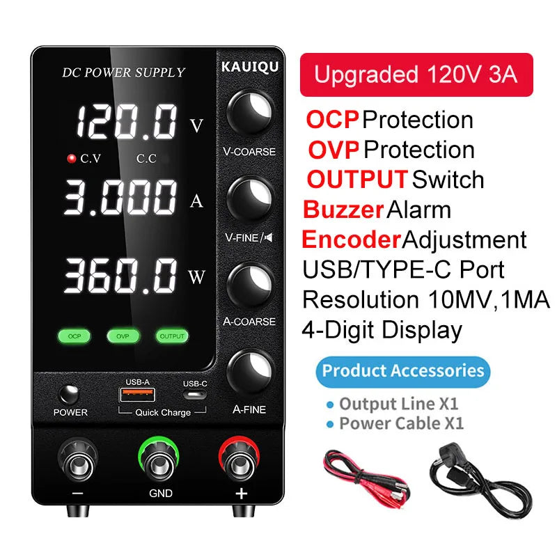 KUAIQU 2024 Newest OCP OVP DC Adjustable Laboratory Power Supply 30V 10A 5A Output Switch USB-A TYPE-C Port Fast Charging 120V