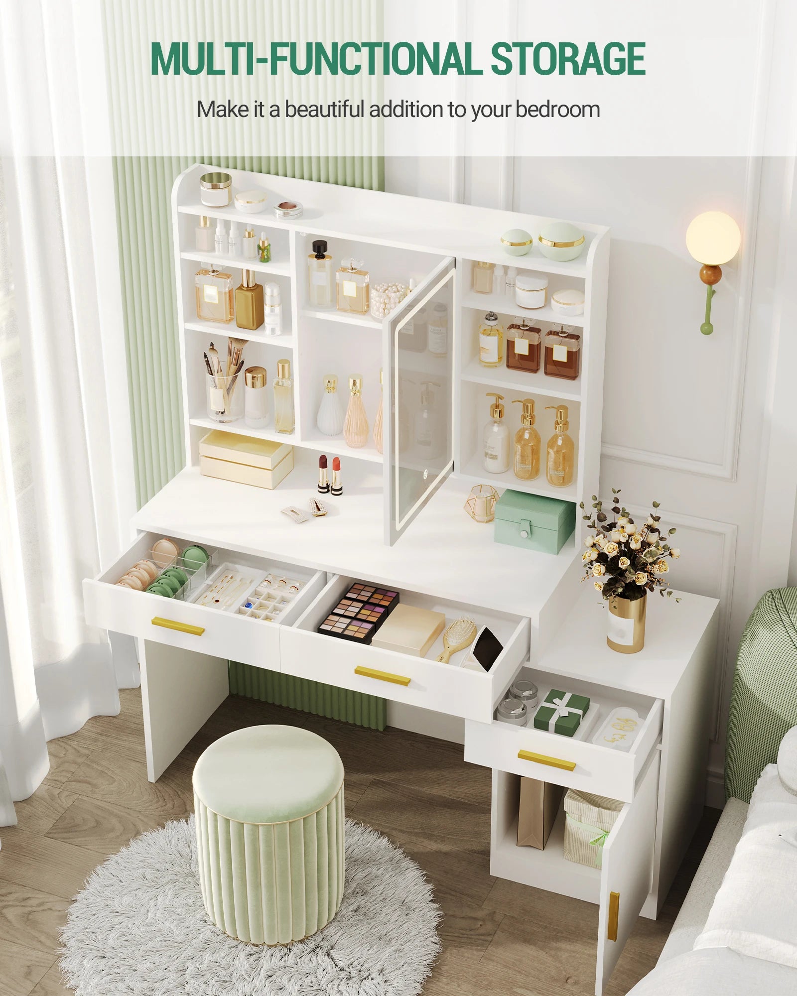 Dressing Table, Large Table Top with Mirror, 3 Drawers and 1 Cabinet, Open Multi-Level Shelves, for Bedroom, Wardrobe, White