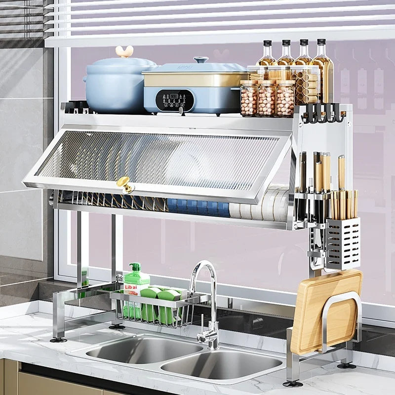 Multifunctional Stainless Steel Kitchen Sink Rack Double Dust-proof Table Top Dishes Storage Cabinet Household Drain Rack Tool