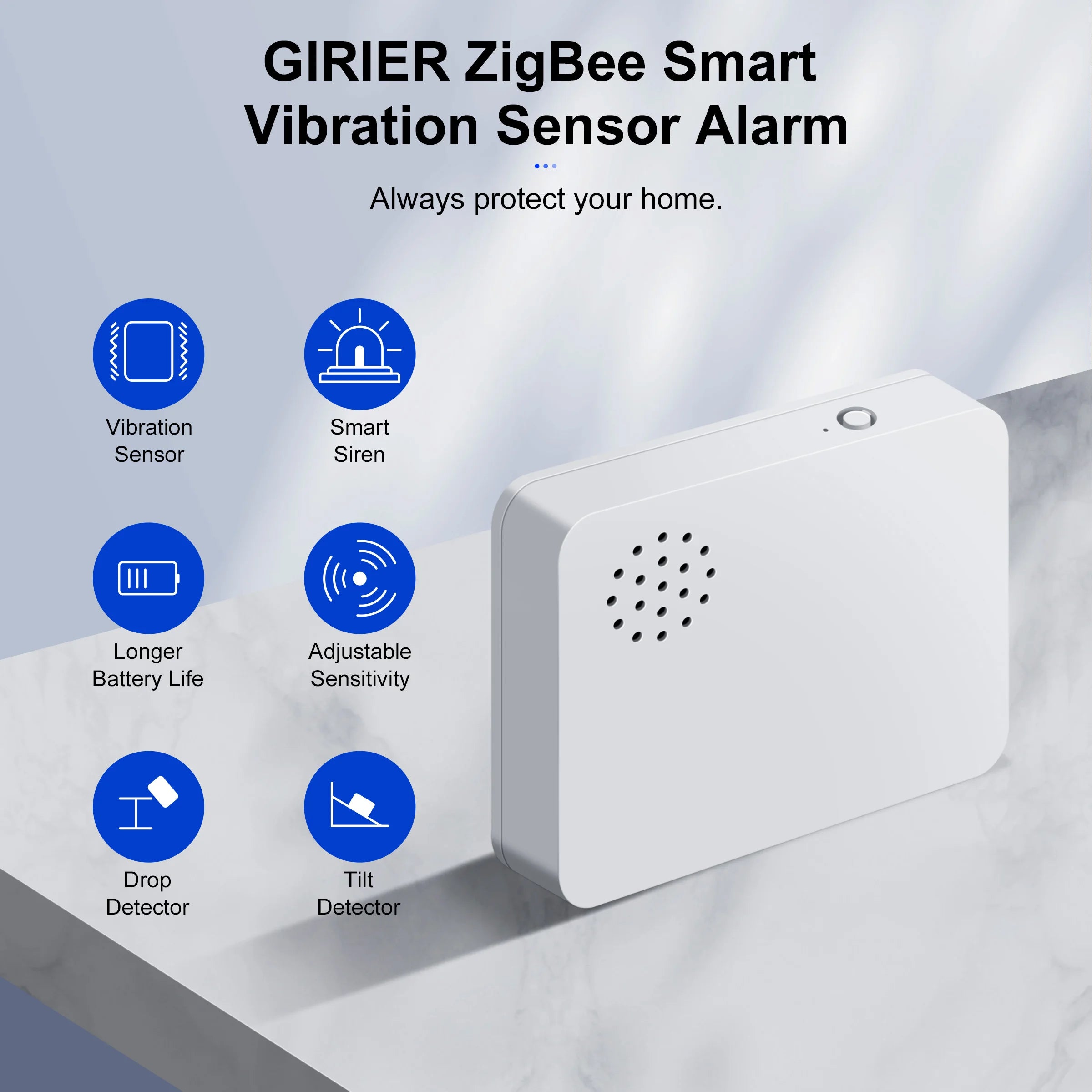 GIRIER Tuya ZigBee Vibration Sensor Smart Glass Break Detector Drop Tilt Detection Built-in Smart Siren for Home Security System